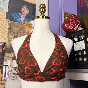 Y2K Island World Apparel Brown & Red Heart Halter Bikini Top